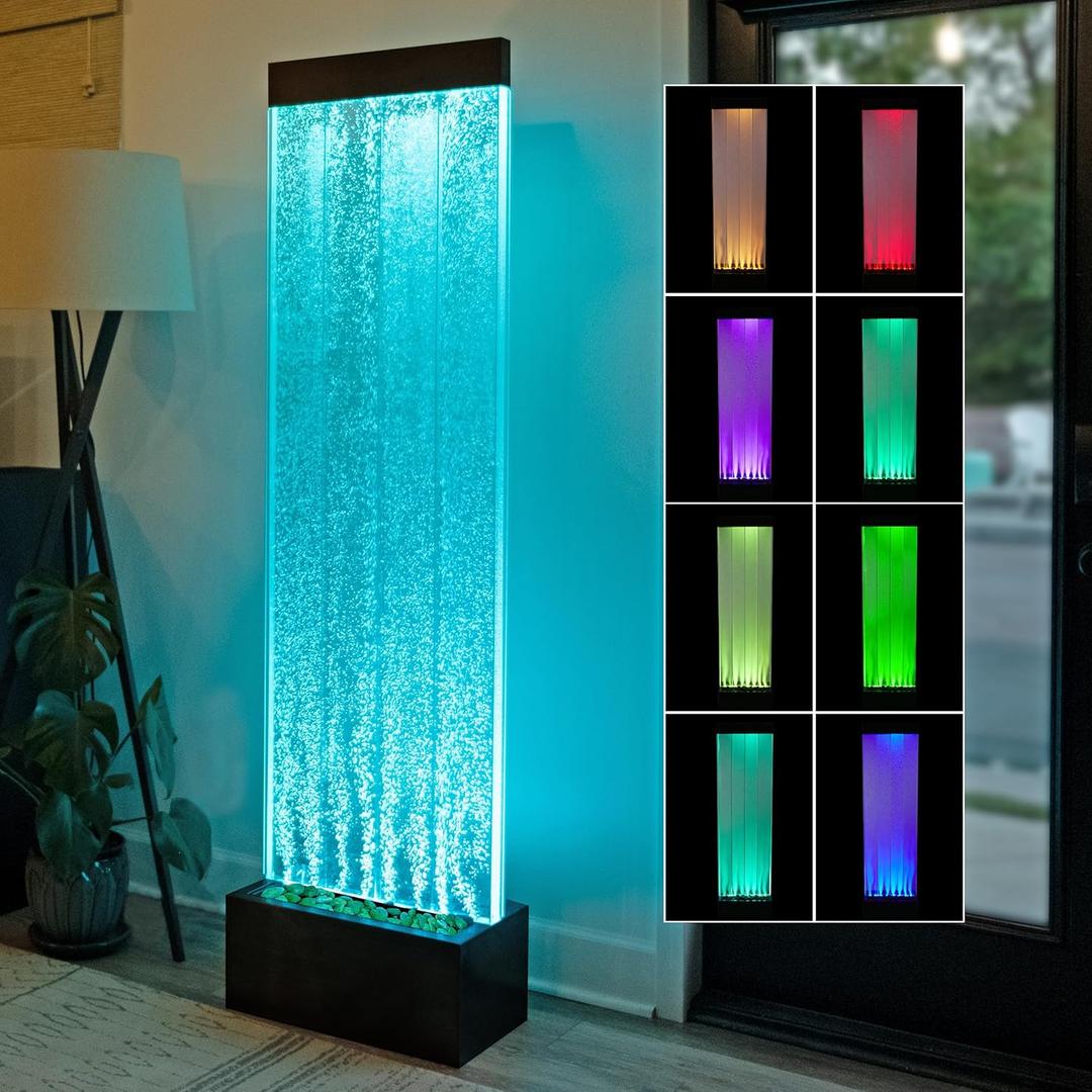 Alpine Corporation 72" Tall Indoor Floor Bubble Wall Fountain with Remote and Color-Changing LED Lights, Decorative Water Feature for Home or Office, Black