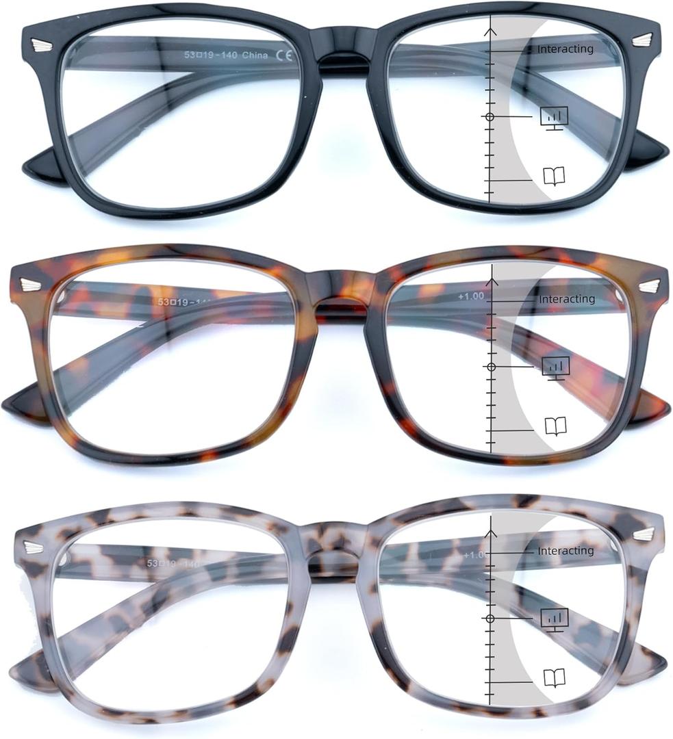 3 Pack Progressive Multifocus Reading Glasses for Women Men Multifocal Readers PC Frame Fixed Hinge Eyewear, +1.25 (3 Pack - Progressive Lens: Black / Brown Tortoiseshell / Pea Color)