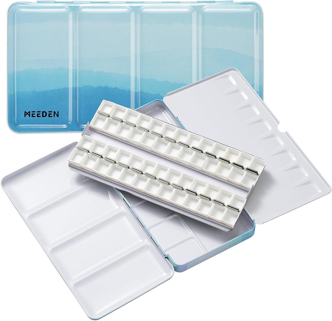 MEEDEN Empty Watercolor Tin Palette: Portable Watercolor Palette Paint Case with 48 Half Pans - Metal Watercolor Palette Tin Box with Lid for Artist Student Adults (Blue)