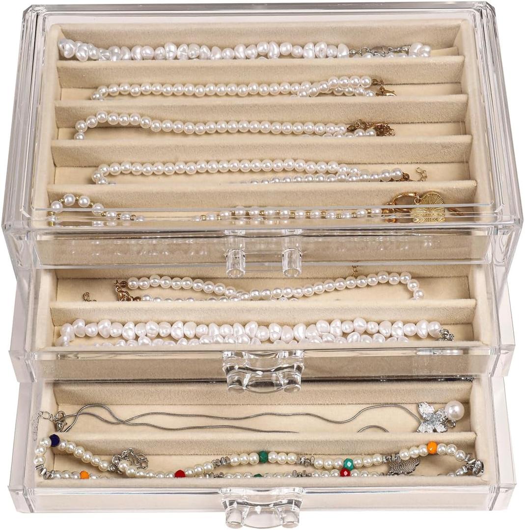 Necklace Organizer Box with Clear Lid, Dustproof Velvet Jewelry Holder Storage Display Case, Stackable Acrylic Necklace Tray Drawer Insert for Women and Girls (Beige,3 Drawers)