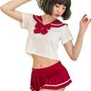 YOMORIO School Girl Outfit Lingerie Sexy Japanese Sailor Anime Cosplay with Pleated Skirt (Red)