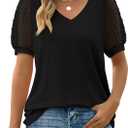 Aokosor Womens Summer Tops V Neck T Shirts Swiss Dot Puff Sleeve Tops Loose Casual Tshirts, Large, All Black