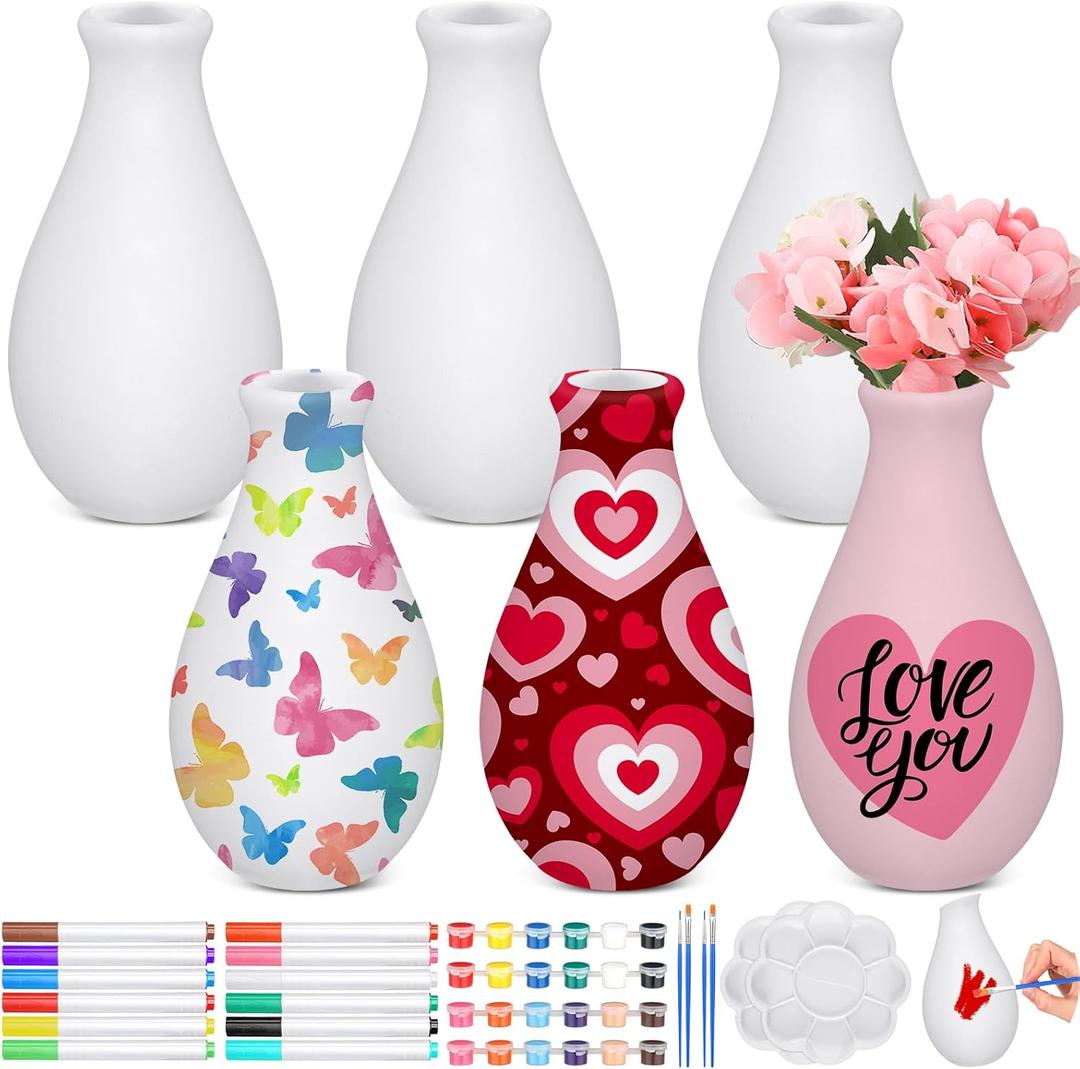 6 Set Mother's Day Ceramics to Paint DIY Your Own Ceramic Painting Kit for Crafts Vase to Paint Unpainted Plaster Paintable Kit Mother Art DIY Craft Supply with Brush Palette for Adult(Delicate)