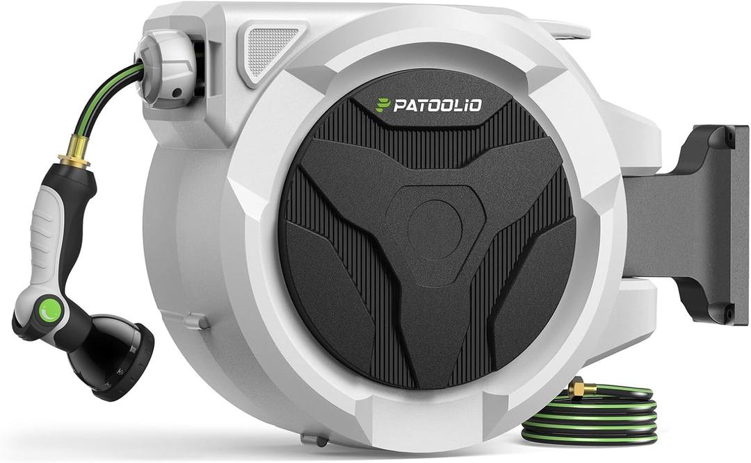 Retractable Hose Reel 100ft 1/2 in, Wall Mounted Garden Hose Reel Heavy Duty with 10 Spray Nozzle, Auto Rewind, 180 Swivel Bracket, UV Resistant