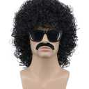 VGbeaty Adult Men Short Curly Black Rocker Wig With Mustache California Halloween Cosplay Anime Costume Wig