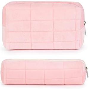 Makeup Bag Checkered Cosmetic Bag Plush Pink Makeup Pouch 1Pcs Large Capacity Makeup Bags and 1Pcs Makeup Brushes Storage Bag Travel Toiletry Bag Organizer