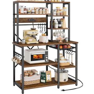 SUPERJARE Large Bakers Rack with Power Outlets, 6-Tier Microwave Stand, Coffee Bar with 12 S-Shaped Hooks, Kitchen Shelf with Wire Basket, 39.4 x 14.6 x 66.9 Inches, Rustic Brown