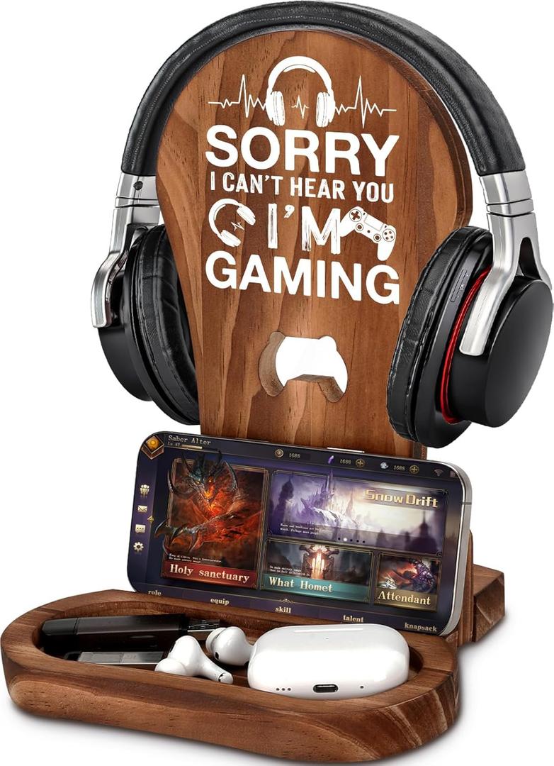 CryCarrot Gamer Gifts for Men Teenage Boys Birthday Easter Basket Stuffers, Headphone Stand Gaming Easter Gifts for Him Men Son Boyfriend Brother, Gamer Lovers Room Decor Stuff Wooden Headset Holder