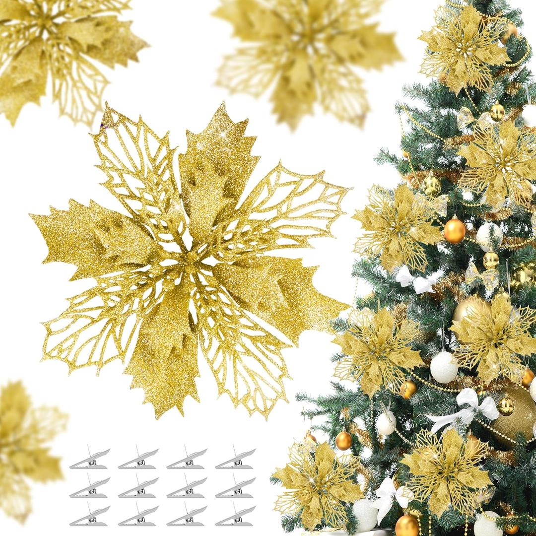 36 Pcs Christmas Glitter Poinsettia Flowers Artificial Flower Ornaments Fake Flower Christmas Tree Decorations Glitzy Poinsettia with Clips for DIY Xmas Wreaths Holiday Home Party Decor (Gold) (3.1"+3.9"+5.9")