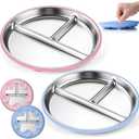 OVV Stainless Steel Kids Plates (2 Pack) 9 Inch Toddler Divided Plates with Removable Silicone Sleeves & 5 Suction Cups Baby Self Feeding | Mess-Free Mealtime | Dishwasher Safe (Blue/Pink)