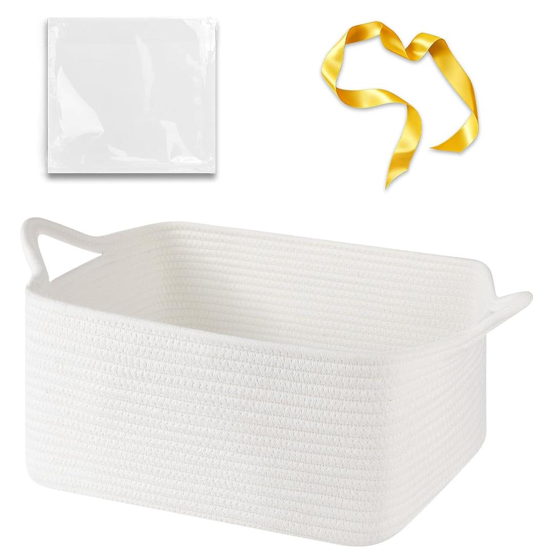 Empty Gift Baskets for Baby Shower, 15.4"L x 11.4"W x 6.7"H Cute Woven Storage Basket with Gift Bags and Ribbons, Small Rope Toy Basket with Handles, Cat Dog Pet Toy Organizer - Small White