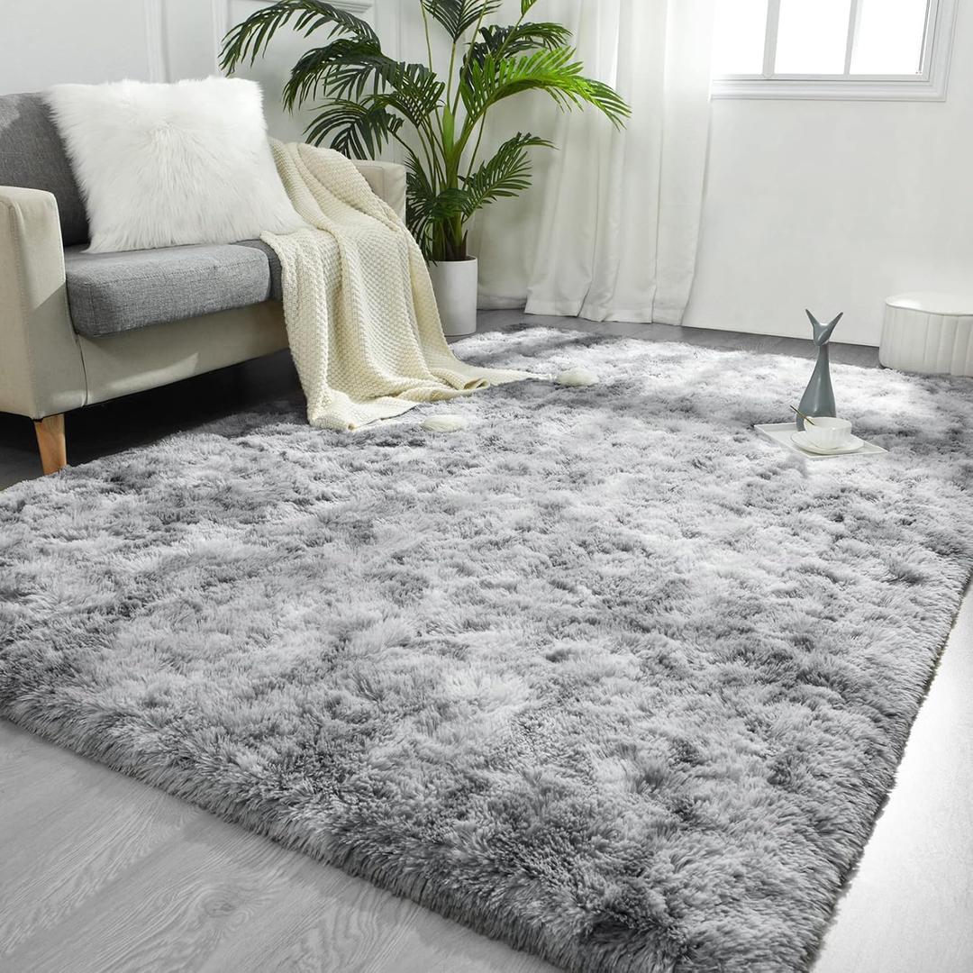 FlyDOIT 9x12 Feet Large Area Rugs for Living Room, Tie-Dyed Light Grey Shaggy Rug Fluffy Throw Carpets, Ultra Soft Plush Modern Indoor Fuzzy Rugs for Bedroom Girls Kids Nursery Room Dorm Home Decor