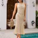 Verdusa Women's Hollow Out Crochet Beach Dress Thigh Split Bodycon Long Tank Dresses (Beige, M)