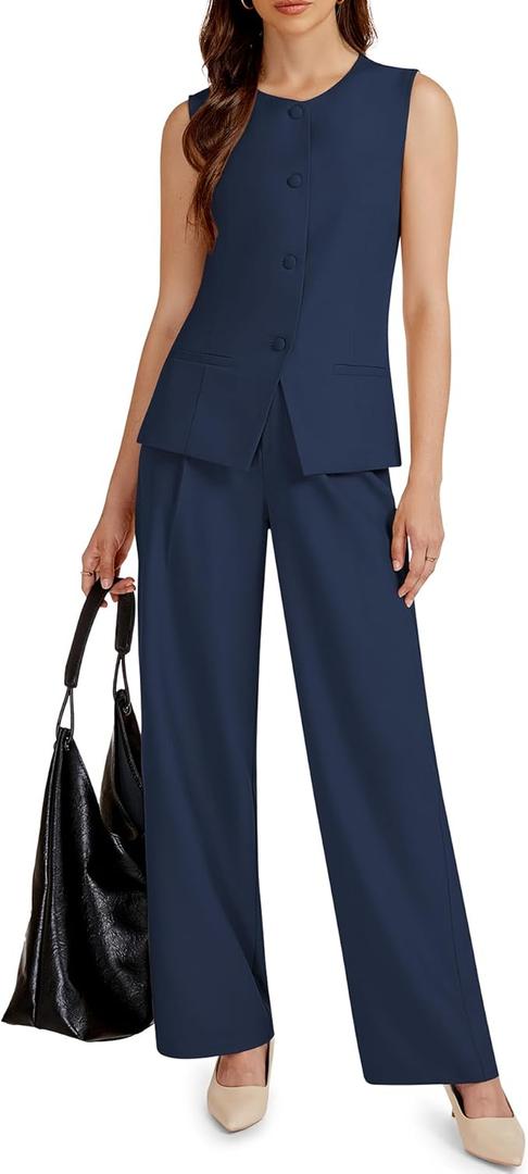 Women's 2 Piece Blazer Outfits Sleeveless Crewneck Vest Wide Leg Pantsuit 2025 Dressy Casual Work Sets M