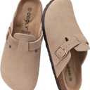 Genuine Suede Clogs for Women Men Soft Cork Footbed Leather Mules Comfort Potato Shoes with Arch Support (5-5.5 Women/3.5-4 Men, Taupe)