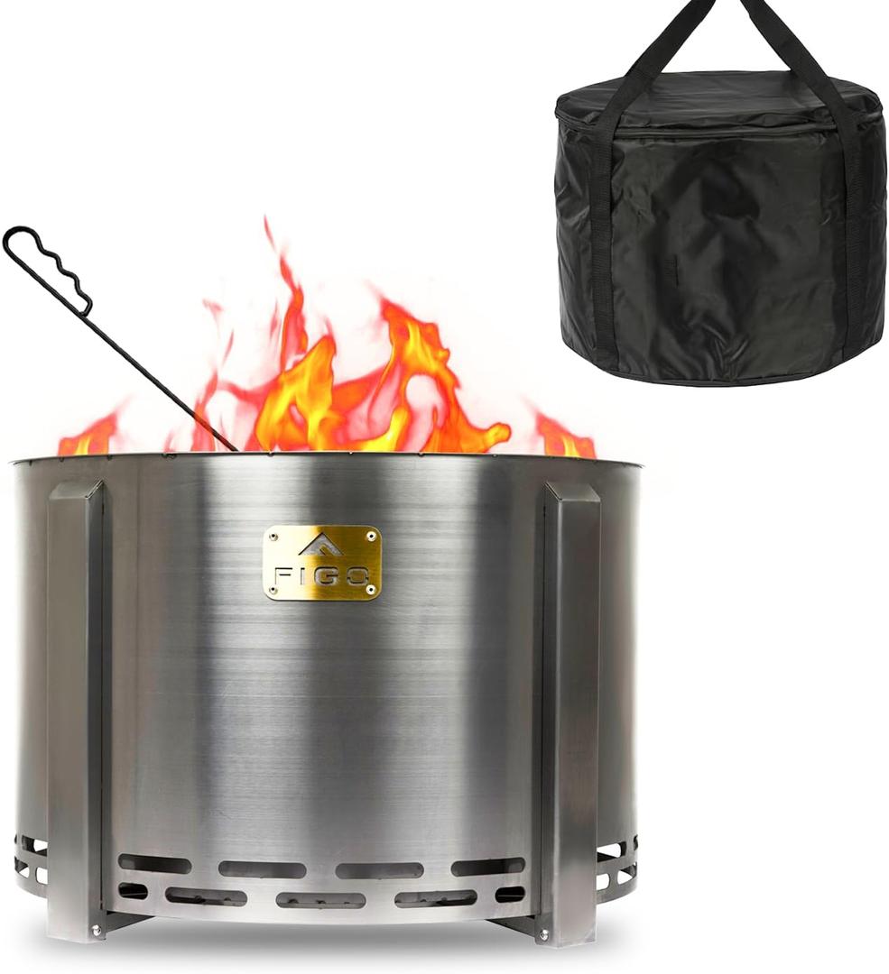 Smokeless Firepit - 18 Inch - Stainless Steel Fire Pit - Wood Fire Pits for Outside with Stand, Removable Ash Rake, Fire Poker & Fire Pit Cover - Smokeless Firepit for Outside, Bonfire, BBQ, Backyard (Silver)