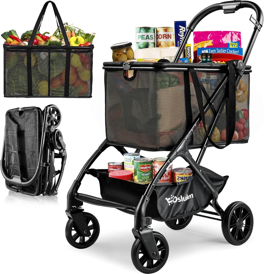 Folding Shopping Cart for Groceries, Portable Collapsible Cart with Removable Tote Bag and Swivel Wheels, Easy One-Hand Fold, Personal Shopping Carts for Laundry, Camping Gear etc