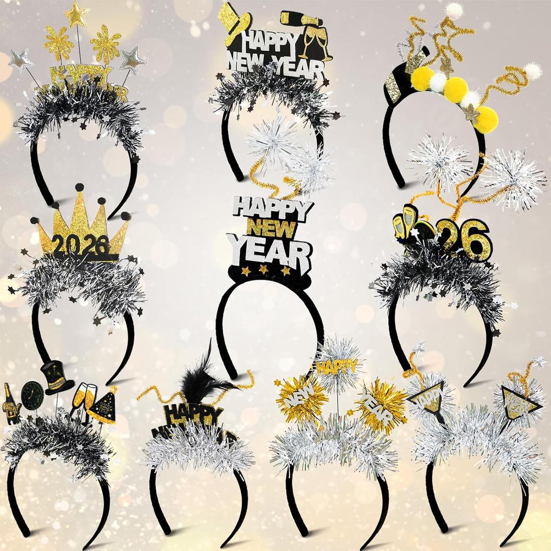 Mega-L 10Pcs New Year Headbands, 2026 Happy New Year Party Supplies Favors, Gold Black Silver Headwear for Adult Women, Glitter Photo Booth Props Holiday Headwear for Happy Eve Party Celebration 2026