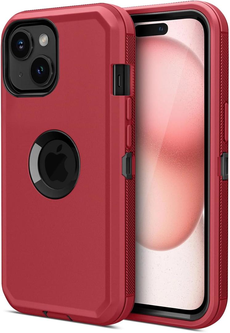 Jiunai for iPhone 15 Case, Heavy Duty Drop Protection Screenless Dual Layer Shockproof Rugged Tough Bumper Dust Proof Phone Case Compatible with iPhone 15 6.1 inches 2023 - Red
