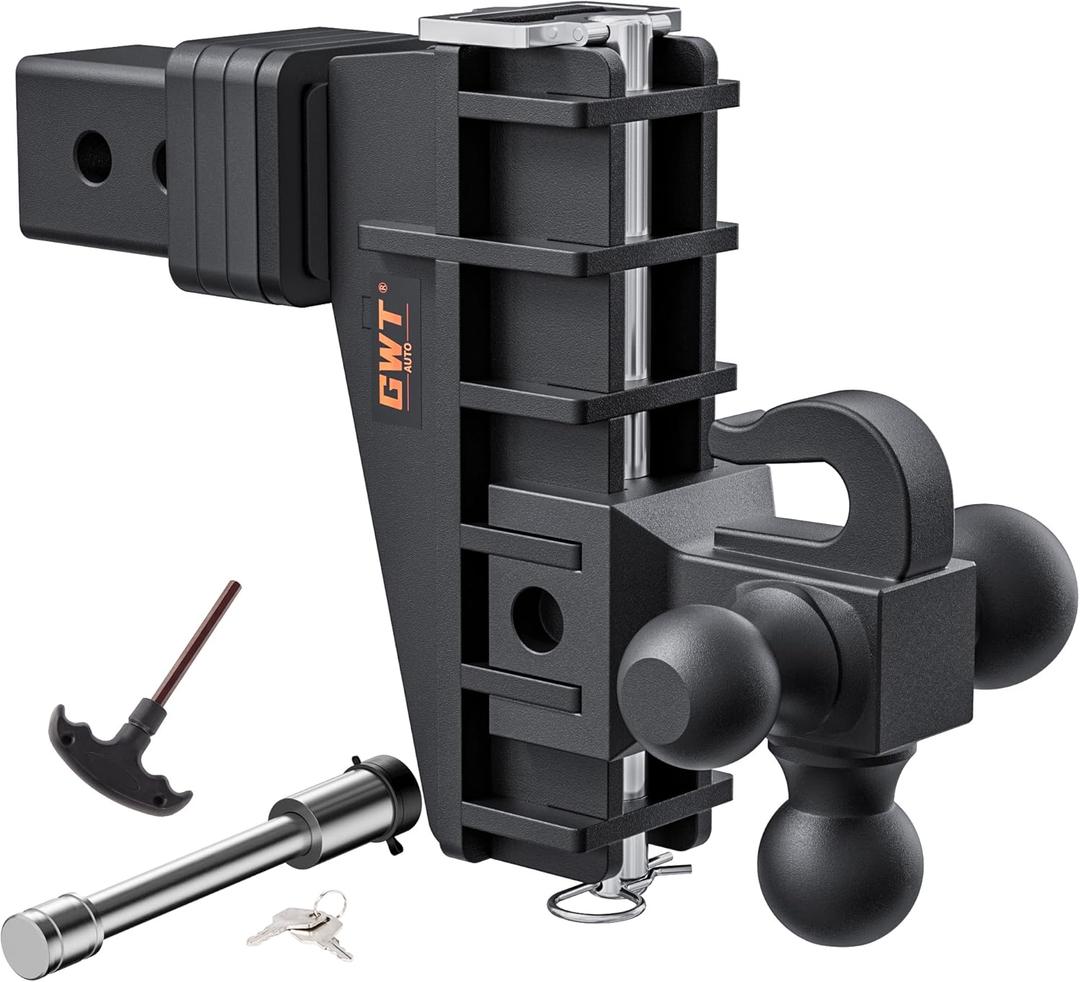 Adjustable Trailer Hitch with Hook, Tri-Ball (1-7/8" x 2" x 2-5/16") Drop Hitch, Fits 2.5-Inch Receiver, 6 Inch Drop Hitch, 18500 LBS GTW-Class 3 Tow Hitch for Heavy Duty Truck, Black