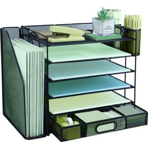 6 Tier Desk File Organiser with Extra Vertical File Sorter, Paper Letter Tray with Top Stationery Drawer Holder, A4 Paper Desktop Filing Trays, Magazine Document Holder for Home Office, Black