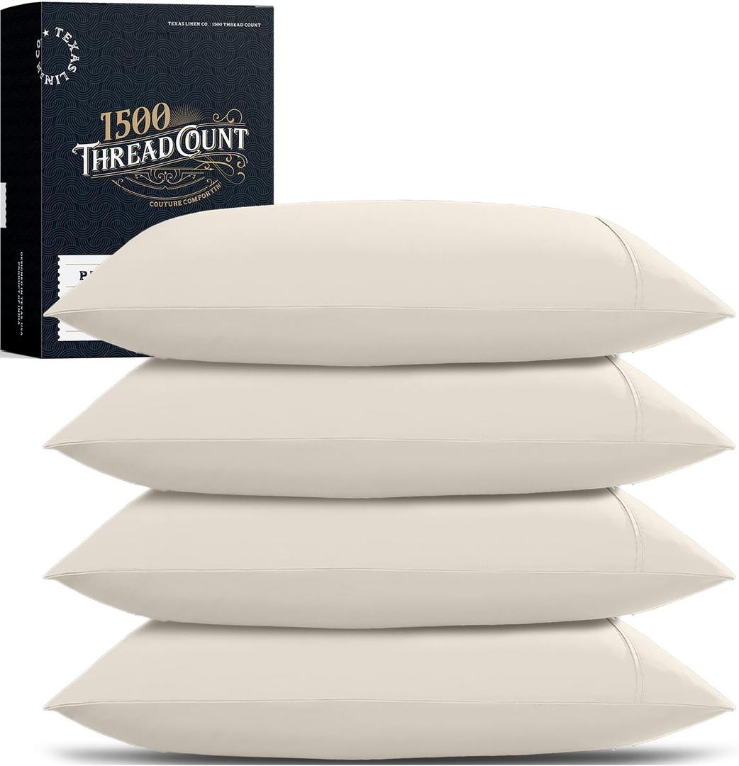 TEXAS LINEN CO. 100% Egyptian Cotton Pillow Cases King Size Set of 4 - Luxury 1500 Thread Count Cotton Pillowcases (2 Pair, Ivory), Soft, Cooling & Breathable Hotel-Quality Sateen Weave Pillowcases