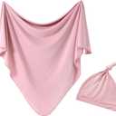 iEvolve Cotton Knitted Baby Swaddle Blanket with Hat Headband Set Newborn Swaddle Wrap Receiving Blankets for Baby Girl Boy 45" x 45"(Pink)