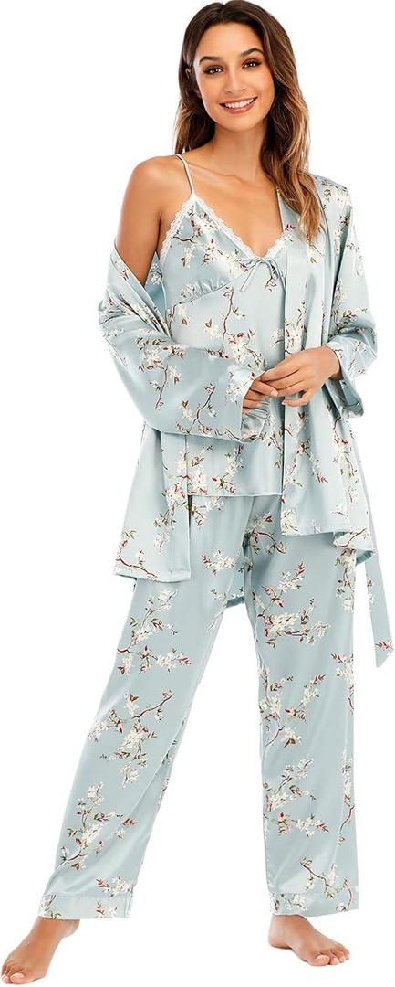 Escalier Women's Silk Satin Pajamas Set 3 Pcs Floral Silky Pj Sets Sleepwear Cami Nightwear with Robe and Pant (Large)