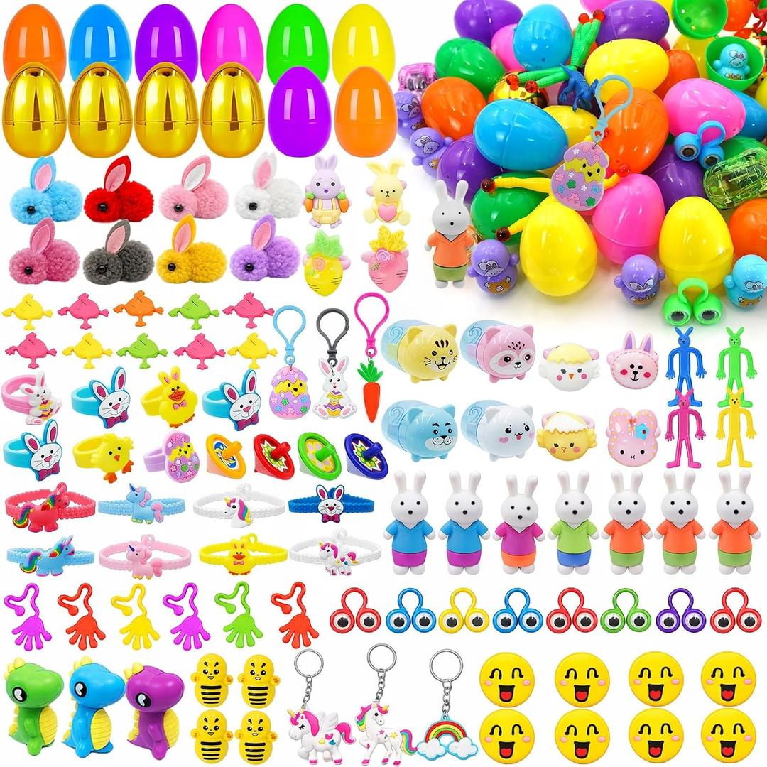[ Surprise Golden Egg ] 100 PCS Prefilled Easter Eggs with Assorted Toys,100 Plastic Easter Eggs Fillers with Toys Non Candy Prizes for Kid Toddler Boys Girls Party Favors Easter Basket Stuffers