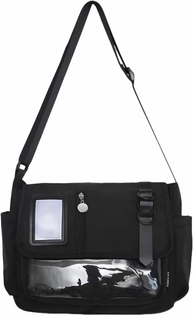 black ita messenger bag for women, large capacity cute pin display crossbody bags, kawaii japanese anime ladies purse with water bottle holder, y2k korean college aesthetic carteras para mujer