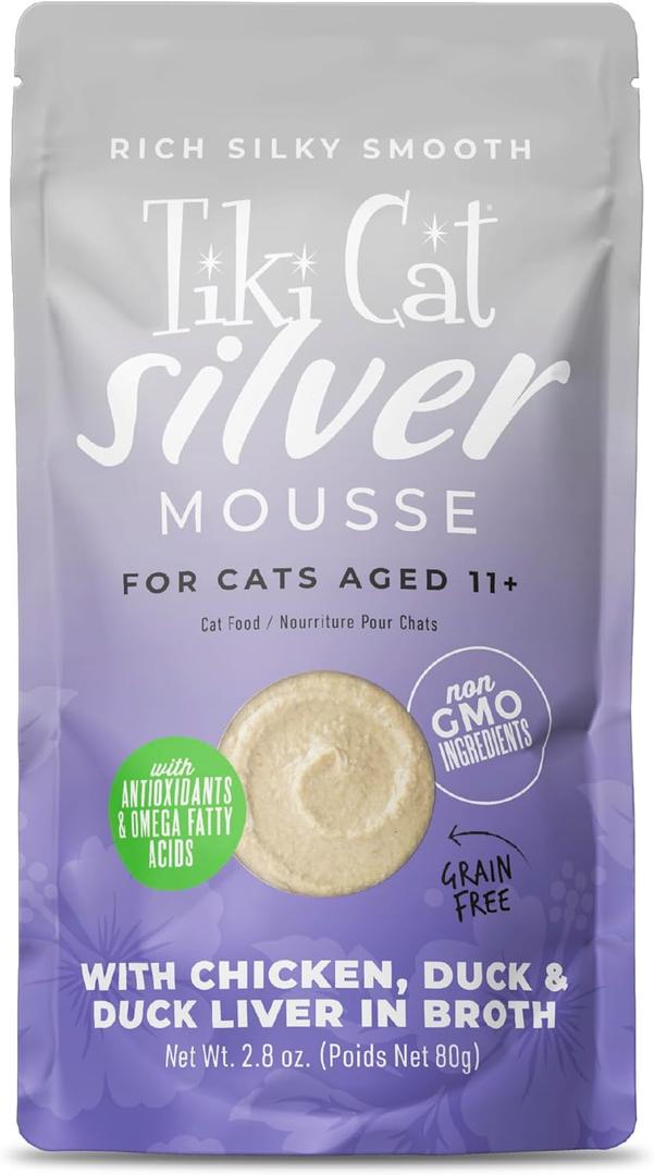 Tiki Cat Silver Mousse Wet Cat Food, Chicken, Duck & Duck Liver in Broth, 2.8 oz. Pouch (12 Count) (EXP 03/13/27)