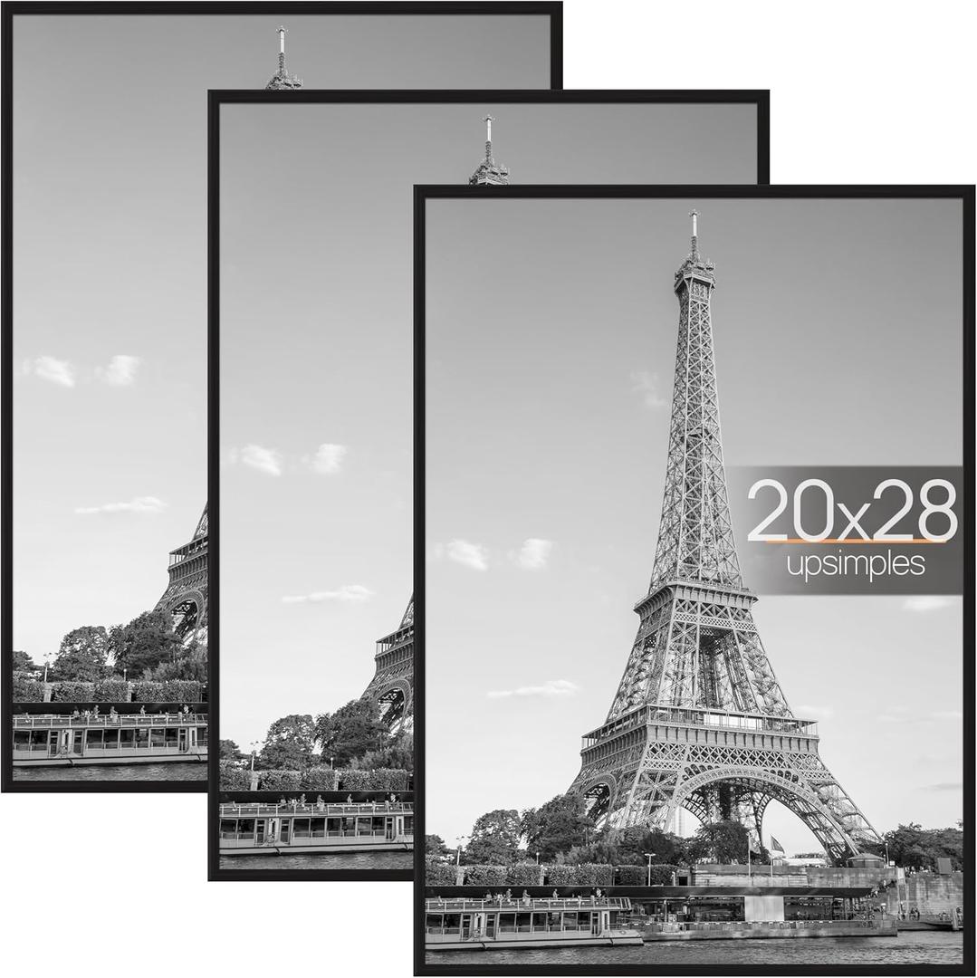 Upsimples 20x28 Picture Frame Black 3 Pack, Scratch-Proof Poster Frames 20 x 28 for Photo Gallery - Slide-In Strips, Horizontal or Vertical Wall Mounting