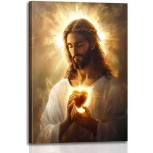 Framed Sacred Heart of Jesus Canvas Wall Art, Christian Gallery Print Religious, Wall Decor Poster Print Artwork for Living Room Bedroom Church Prayer Room Decoration 16x24 In