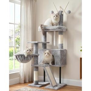 Cat Tree for Indoor Cats, Cat Tower with Scratching Post for Small Cats and Kittens, Cat House with Removable Top Platform and Fluffy Balls, Hanging Cat Basket, Light Gray GCT006SW