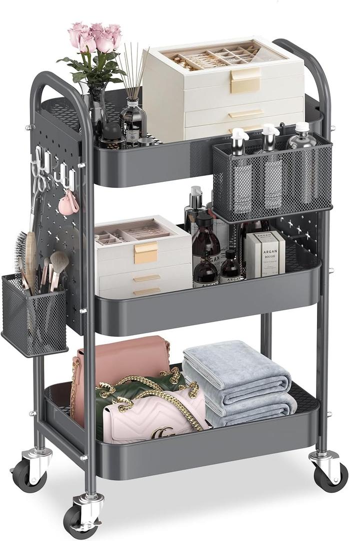 ALVOROG 3 Tier Rolling Cart with DIY Pegboards Metal Utility Cart with Wheels Handles Baskets Hooks, Storage Cart for Office Kitchen Bathroom(Gray) (Grey)