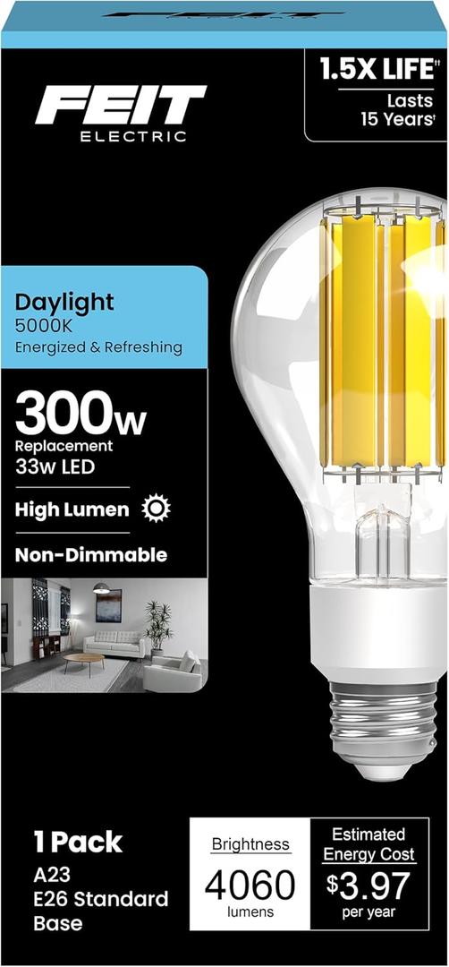 Feit Electric High Lumen A23 LED Light Bulb, 33W (300W Equivalent), 4060 Lumens, 5000K Daylight, Clear Glass, 17,000-Hour Lifetime, Ideal for Commercial or Residential Use, OM300/CL/850/FIL