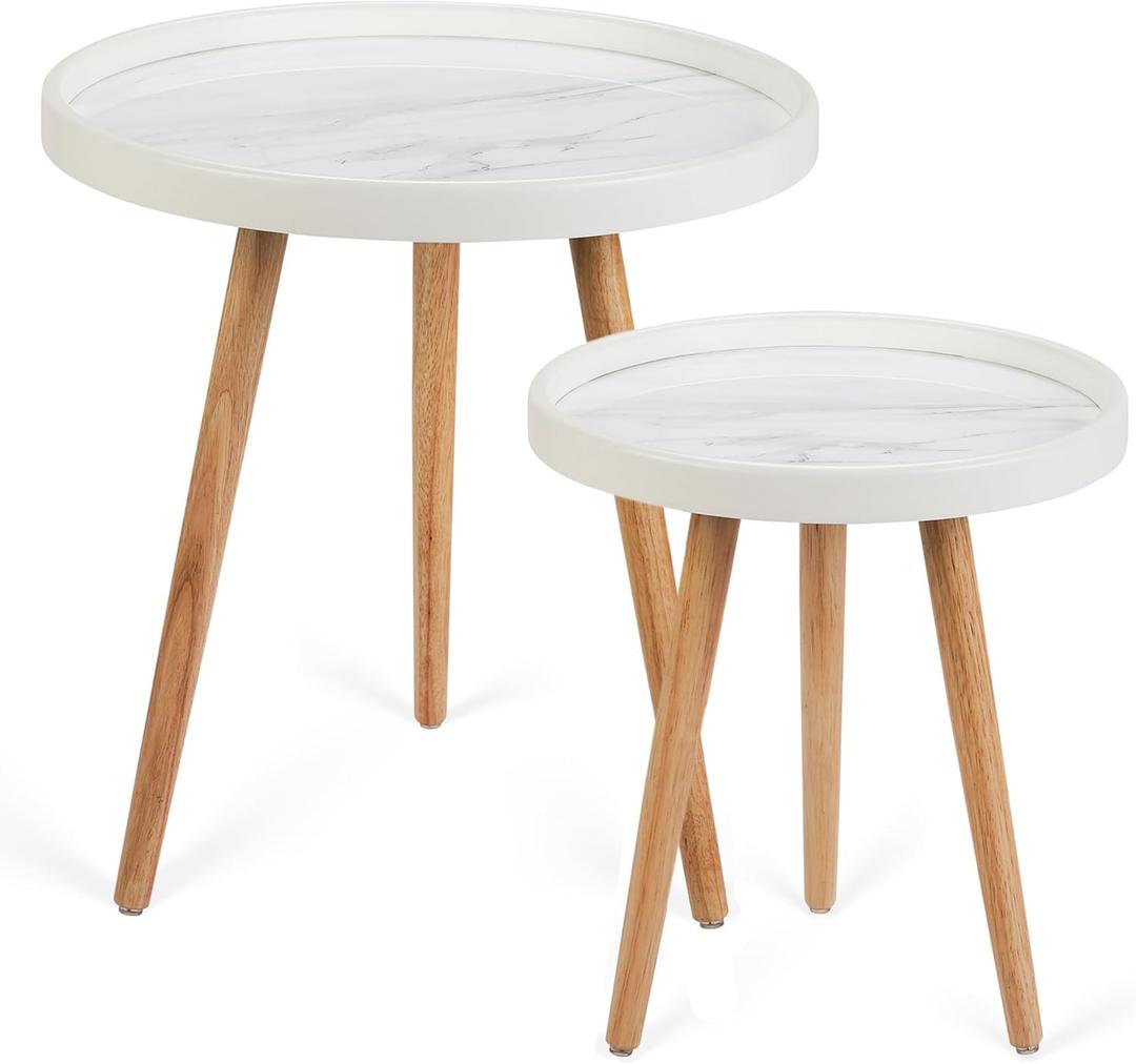 Round Side Table Set of 2,White Marble Pattern Tray Shaped Small End Table,Circle Nightstand for Living Room, Bedroom and Any Small Space,Easy Assemble and Clean