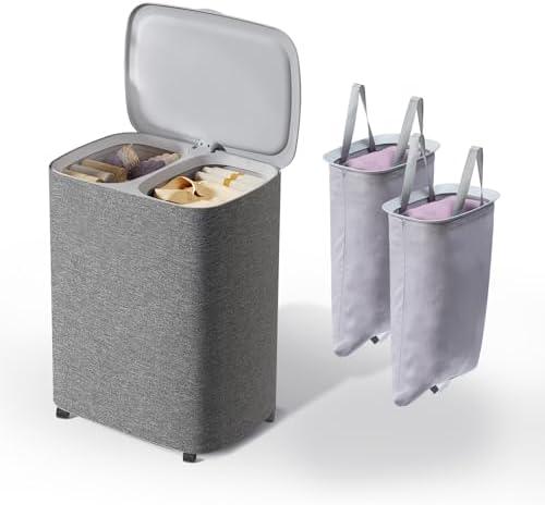 Laundry Baskets(GREY, 50L Laundry THEVryndlyx Laundry Hamper with Removable Bags: 2-Compartment Wheeled Basket for Parents & Housewives, Heavy-Duty Storage Organizer with Lid