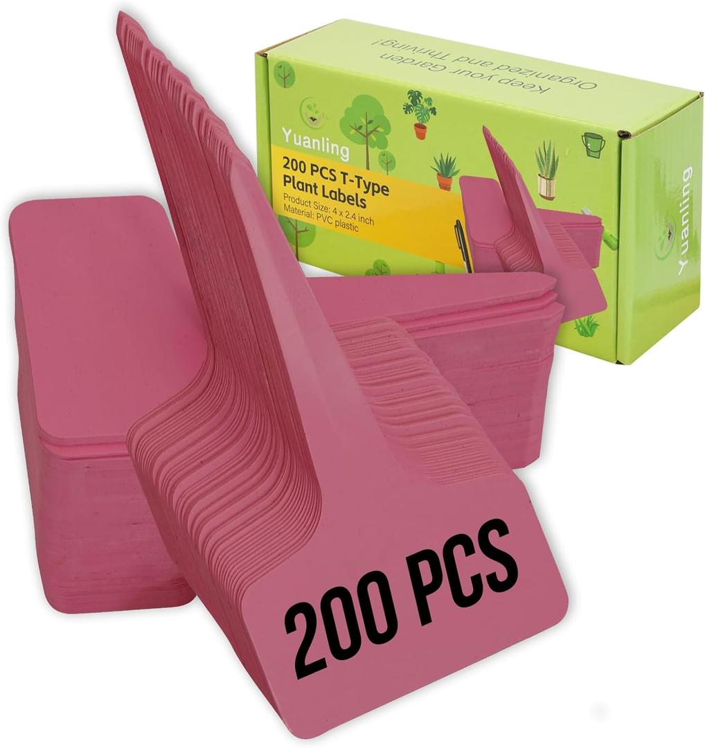 2 x Plant Labels 200 Pcs Yuanling T-Type Plastic Garden Tags Waterproof Plant Sign Stakes Nursery Garden Makers for Seedlings Flower Vegetables Herb Potted Belt Permanet Marker Pen (Red)