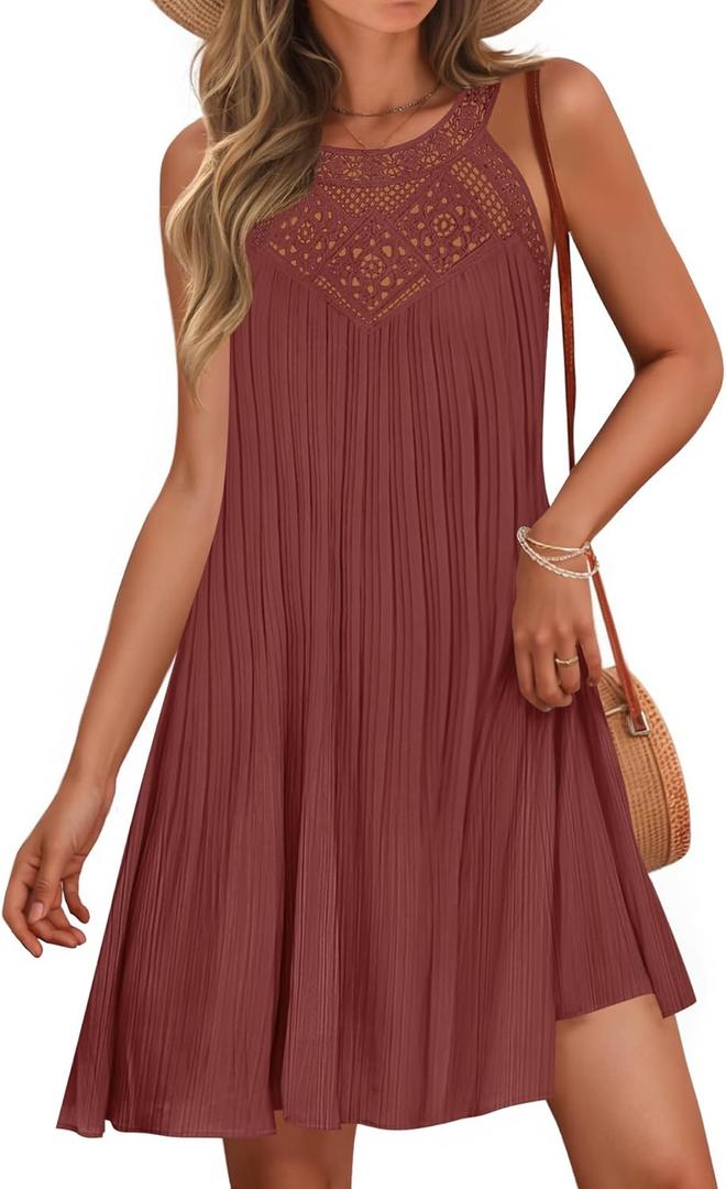 ZESICA Women's 2025 Summer Halter Chiffon Mini Dresses Sleeveless Hollow Out A Line Flowy Ruffle Beach Vacation Sundress, Rust,  Large