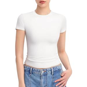 PUMIEY Summer Tops for Women Slim Fit Short Sleeve T Shirts Sexy Y2K Crop Top, Splashed White Large