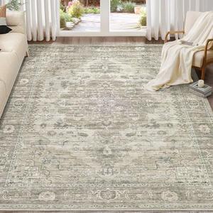 EIEIHOUSE Washable Area Rugs for Living Room -8x10 Neutral Vintage Distressed Floral Farmhouse Boho Large Soft Floor Rug Indoor Non Slip Carpet for Living Room Bedroom Dining Room Office - Brown/Tan
