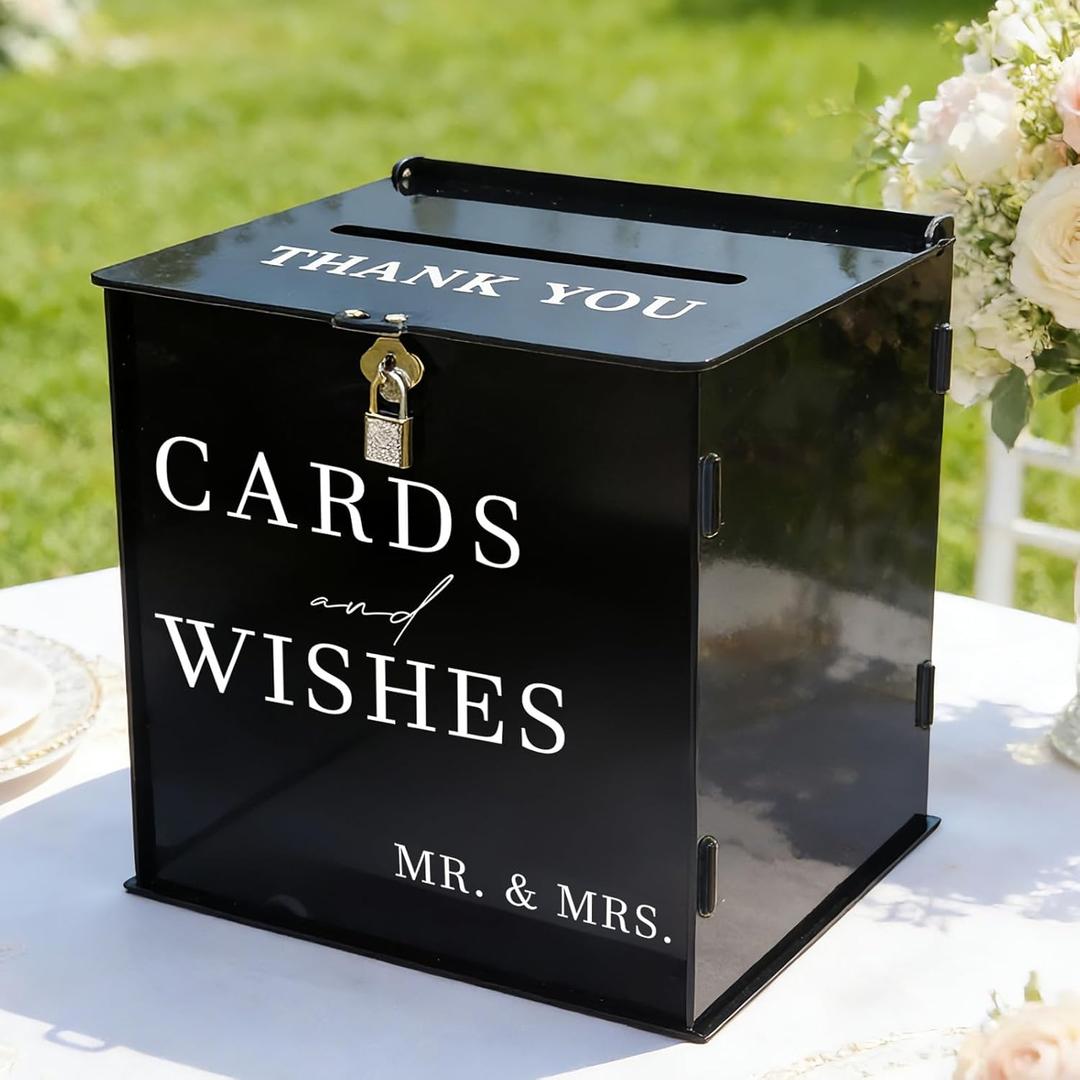 SOFARKKT Black Acrylic Card Box with Slot & Lock, DIY Large Wedding Card Boxes for Reception, Elegant Money Envelop Gift Cards Box for Party Wedding Birthday Baby Shower Graduation Table Decor