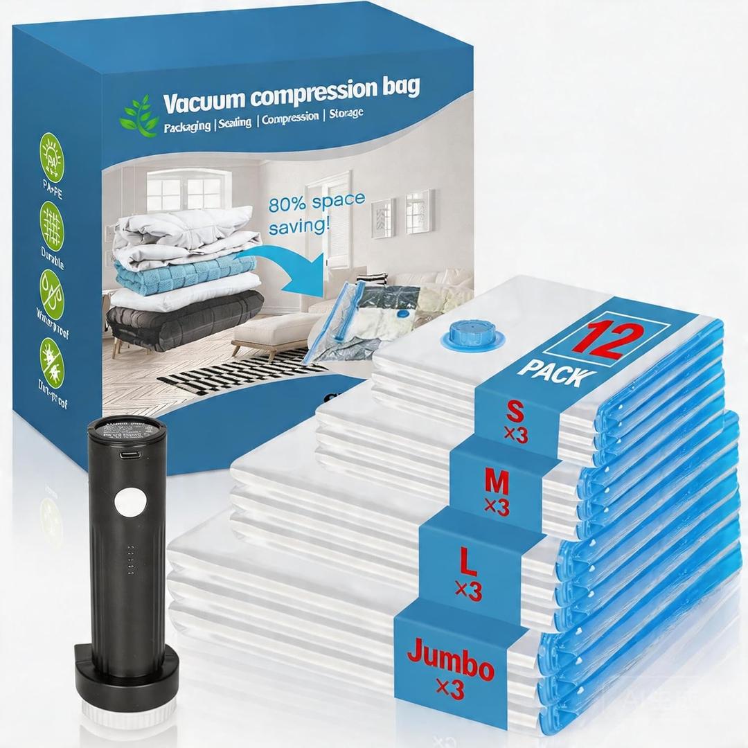 Vacuum Seal Bags for Clothing Travel with Rechargeable Air Pump, 12 Pack of 4 Carry-on Size Space Saver Vacuum Storage Bags, Compression Packing Bags for Luggage Suitcase for Closet Organization