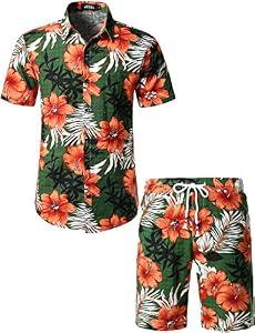 JOGAL Men's Flower Casual Button Down Short Sleeve Hawaiian Shirt Suits Small Green