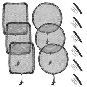 6 Packs Black Ponytail Hair Net Weaving Net Cap with 6Pcs Mesh Clips Elastic Drawstring Hair Nets Base for Making Bun Wig
