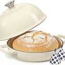 Enameled Round Cast Iron Bread Oven, 6 Qt Cast Iron Dutch Oven for Homemade Sourdough Bread Baking, Bread Pot with Dome Lid & Cotton Potholders (Cream White)