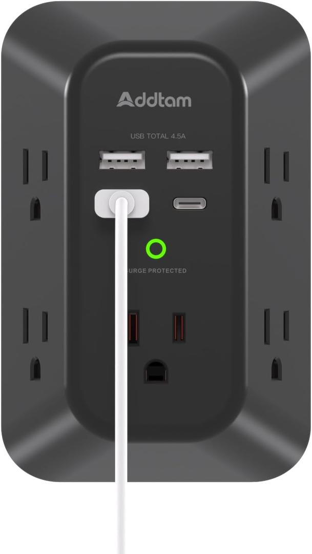 Addtam 5-Outlet Extender Surge Protector, Multi Plug Wall Outlet with 4 USB Wall Charger(2 USB C), Outlet Splitter Power Strip for Home Office Dorm Room Essentials, Plug Extension Outlet 1800J, Black