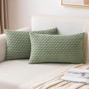 MIULEE Pack of 2 Decorative Lumbar Throw Pillow Covers 12x20 Inch Soft Boho Striped Textured Corduroy Pillow Covers Modern Farmhouse Home Decor for Couch Bed Sofa Living Room Sage Green