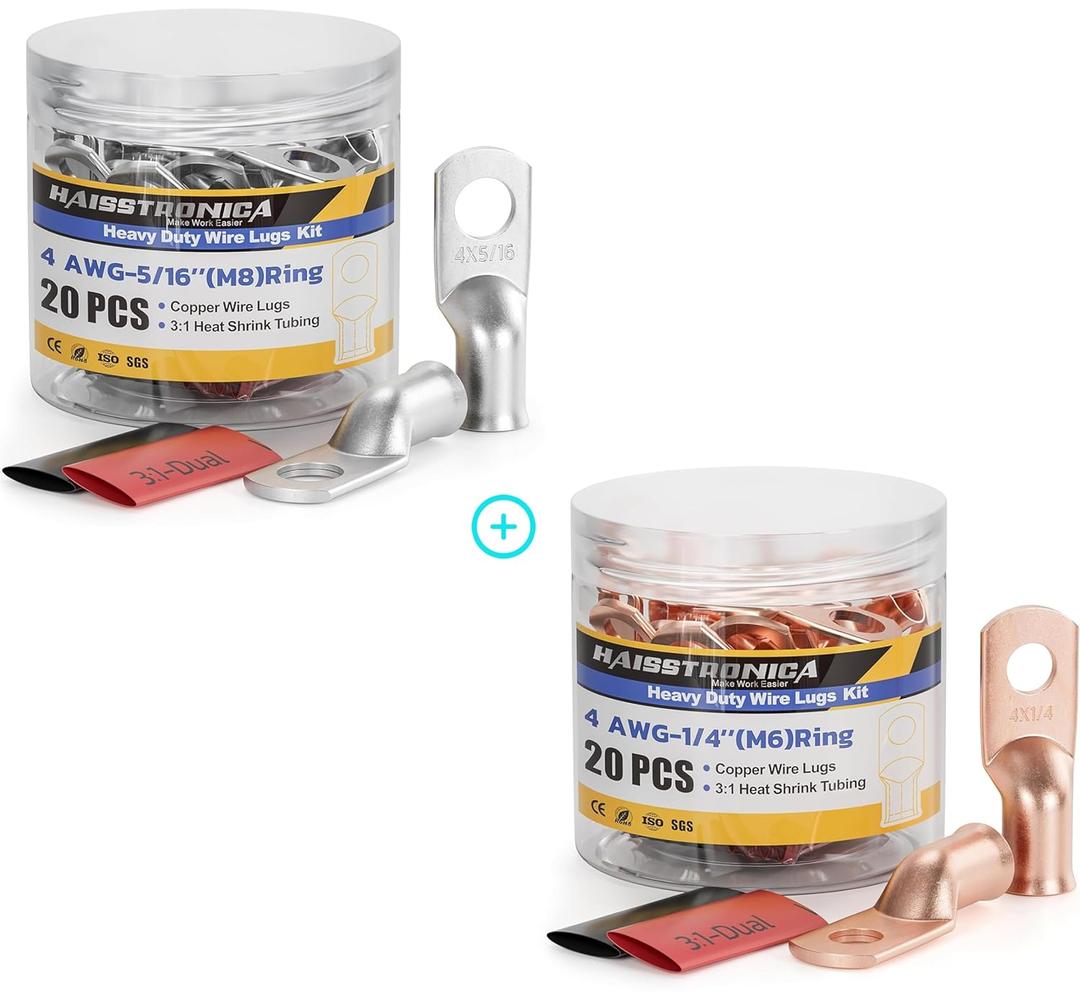 haisstronica 10pcs 4 AWG - 5/16" (M8) Tinned Copper Battery Lugs+10pcs 4 AWG - 1/4" (M6) Battery Cable Lugs+20pcs 3:1 Adhesive Heat Shrink Tubing